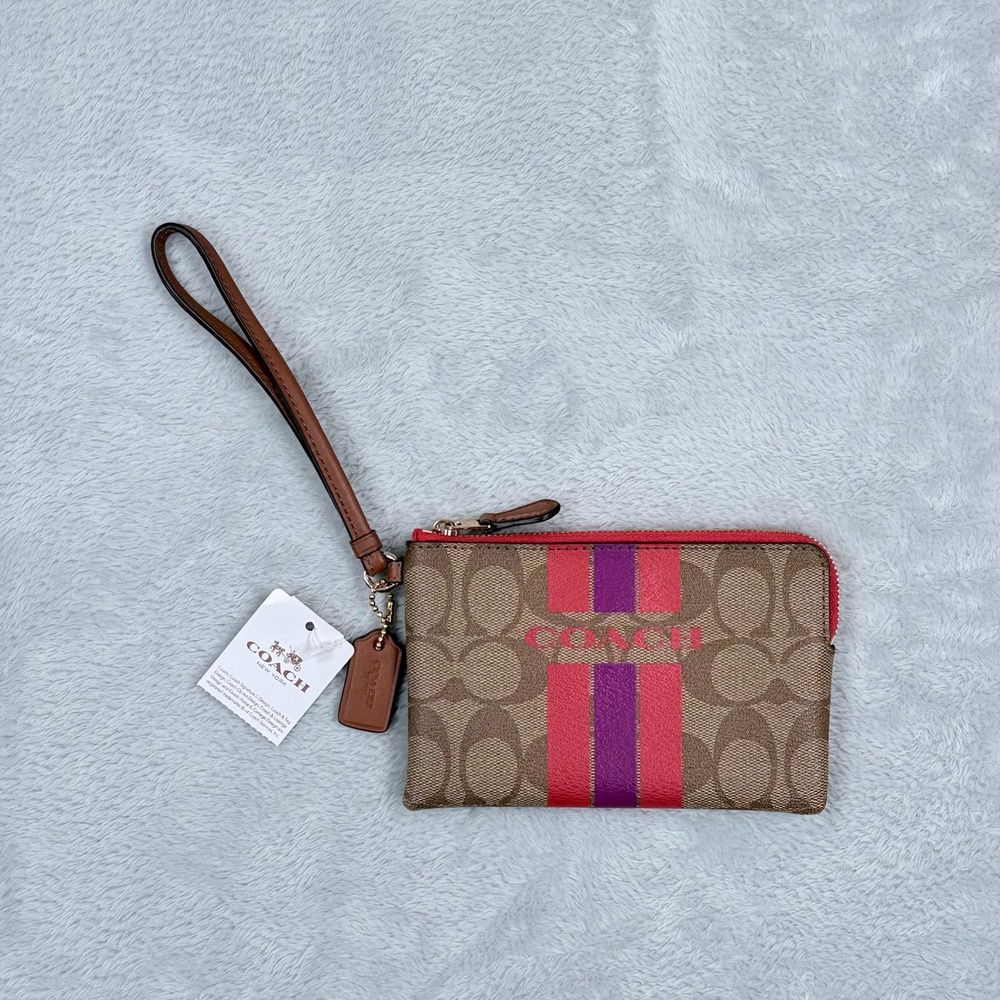 NWT Coach Varsity Stripe Signature Wristlet Corner Zip Womens Khaki Watermelon